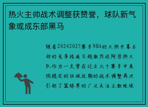 热火主帅战术调整获赞誉，球队新气象或成东部黑马